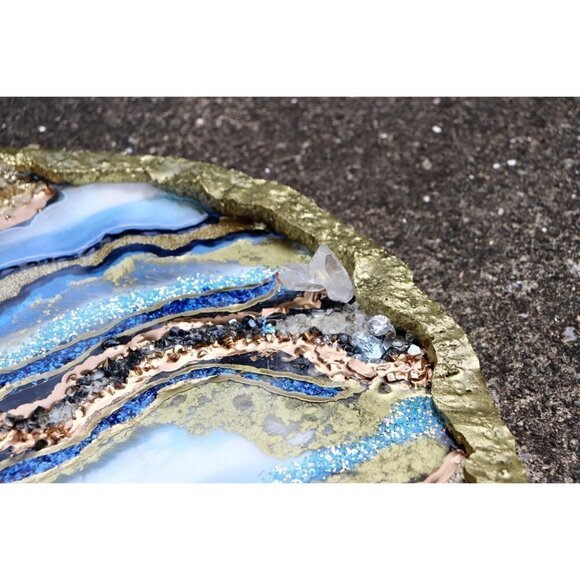 Geode Resin Art 18" Round Piece Quartz Crystals & Large Crystal CZ Stones Unique - Picture 5 of 8